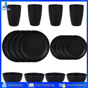 [Vodool Home Mall] 16Pcs Unbreakable Dinnerware Set Heat Resist Wheat Straw Dinnerware Suit Reusable Lightweight Dish Cup Bowl Set Outdoor Tableware Set for People