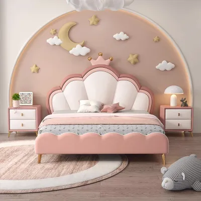 Solid wood childrens bed girls bedroom crown princess bed net celebrity modern simple double leather bed soft storage bed