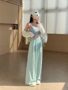 Ammin 2024 Mùa Hè Phong Cách Hàn Quốc Mới Bạc Hà sọc kết cấu đàn hồi thả eo cao giản dị thẳng lanh lụa băng lười biếng Yamamoto quần ống rộng