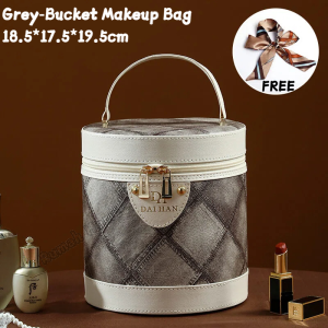 SG RumahHome® Bucket Cosmetic Bag Colorblock Retro Large Capacity Waterproof PU Leather with Mirror Travel Makeup Pouch