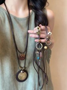 New Chinese Style Zen Long Feather Necklace for Women Vintage Ethnic Style Layered Sweater Chain New Bohemian Accessory
