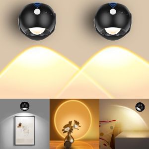 Vkndoynt Motion Sensor Wall Lights 2Pcs Battery Operated LED Wall Sconces with 3 Color Temperature & Stepless Dimming Rechargeable Picture Lights 360° Rotation Wireless Wall Lamp for Bedroom