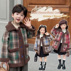 เสื้อเสื้อโค้ตลายตารางอบอุ่นสำหรับเด็กเสื้อแจ็กเก็ตการเรียงขนแกะฤดูใบไม้ร่วงฤดูหนาวหนาสไตล์เกาหลีพร้อมหมวกเบเร่ต์