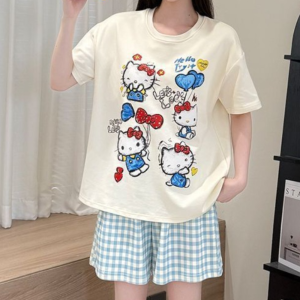 VCH Short Sleeve Kitty Cat Nightwear Round Neck  Chiikawa KT Cat Two Piece Nightwears Anime Homewear English Letter Ruffled Pajamas Women Summer