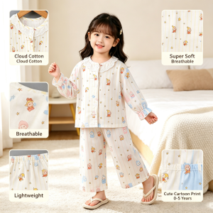 AILEBE Kids Pajamas Terno Long Sleeve Top Pants Sleepwear Set Super Soft Cloud Cotton Breathable Lightweight Cute Cartoon Print Cozy Homewear Pambahay For Baby Boys Girls 0-5 Years