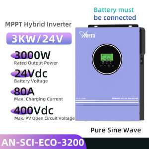 MPPT Hybrid Inverter 3KW / 3.2KVA Solar Inverter 24V 80A Pure Sine Wave Solar Inverter Hybrid off-grid Inverter Built-in Controller PV max. 400V DC to AC Converter Power Inverter