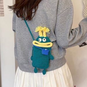SQMETR Miệng Lớn Túi đeo chéo nhỏ Đan móc Làm thủ công Túi đựng điện thoại Dễ thương Móc len Ví đựng tiền xu đeo vai Phụ nữ Trẻ em