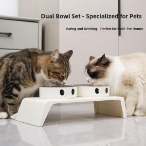 OUTOPEN Non-Slip Cat Food Water Bowl Double Bowls Anti-flip Pet Water Feeder Container Simple Detachable Elevated Pet Feeder Bowl Pet Supplies
