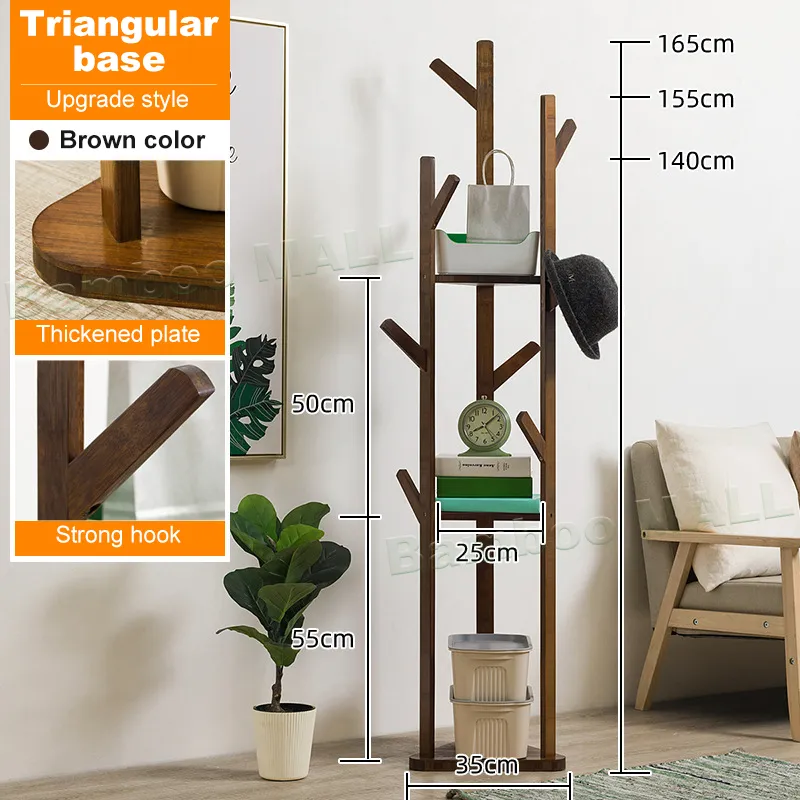 Bamboo Wooden Clothes Rail Garment Hanging Shelf Trigonal Base