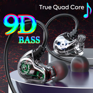 ZNWOriginal Quad Core Earphones 9D Surround Sound Bass Headphones Noise Cancelling Earbuds Double Moving Coil Earphone Transparent Gaming Headset Built In Mic For Xiaomi/Huawei/Apple/Oppo etc