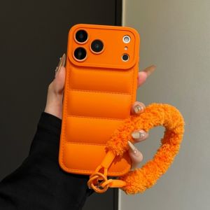 Luxury Down Jacket Furry Lanyard Case for iPhone 17 16 Pro Max Air 14 15 Plus 11 12 13 X Xr Xs Plush Wrist Strap Winter Cover