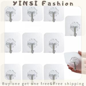 YINSI 10PCS Transparent Stainless Steel Strong Self Adhesive Hooks Key Storage Hanger for Kitchen Bathroom Door Wall Multi-Function