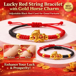 Lucky Red String Bracelet with Gold Horse Charm Adjustable Black Red Cord for Good Fortune 马年本命年福马红绳编织手链