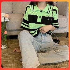 🔥[C049] Áo len thun Montoghi dệt kim nữ QC cổ polo DÁNG RỘNG RETRO tay ngắn Quảng Châu - kholenqc