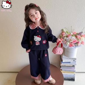 Christmas gifts Halloween Sanrio Girls Spring Autumn Sportswear Hello Kitty New Anime Cartoon Fashion Checkered Set Childrens Casual Sweet Hoodie Pants