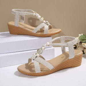 [Free Shipping] WomenS Wedge Heel Sandals New Summer Style Korean Version Plus Size Bohemian Style Elastic Strap Open-Toe Roman Sandals
