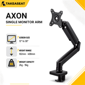TakeAseat AXON Single Monitor Arm Gas Spring Monitor Mount 13-30 Inch VESA Desk Clamp Full Motion Height Adjustable Aluminum