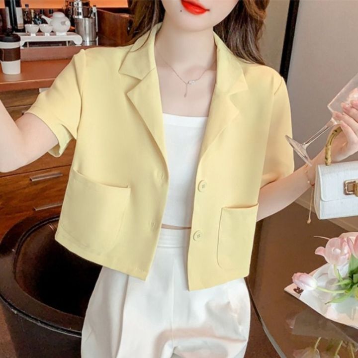 Crop Blazer Women Korean Style Casual Plain Outwear 2023 Summer