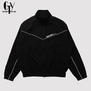 GTY Black Team Loose Jacket For Men Vintage Varsity Windbreaker Coat With Zipper For Tactical Sports
