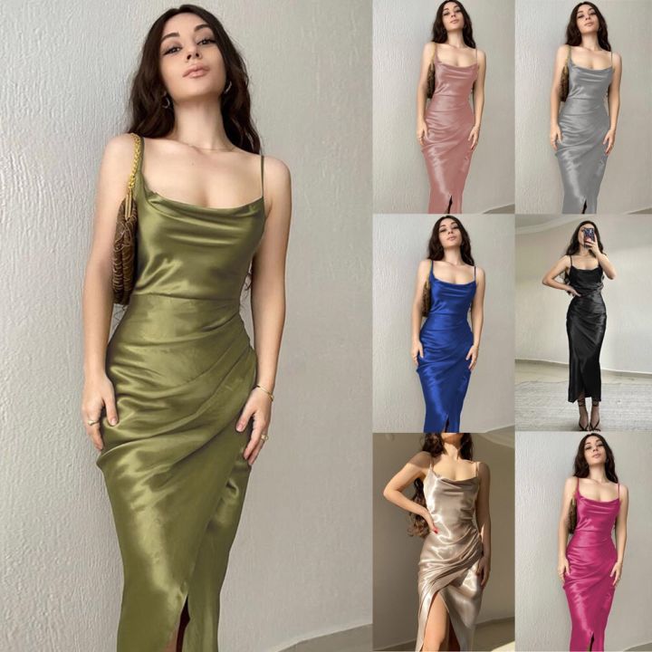 COD Women s Sexy Low Cut Backless Satin Slit Long Party Dress HSS Lazada Singapore