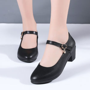Women Fashion OL Style Medium Thick Heeled Leather Shoes black shoes women