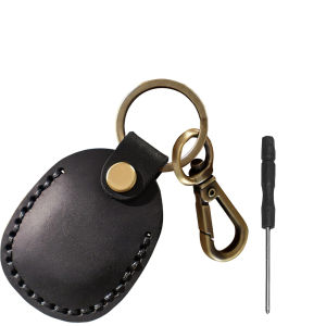 Leather Airtag Holder Keychain Portable Handmade Genuine Leather Air Tag Holder with Keyring Full Coverage Case Cover Compatible for AirTags 2021 Brown