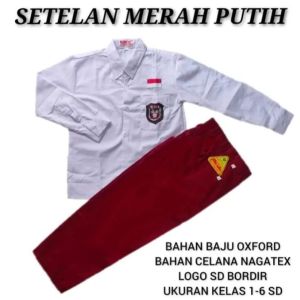 Setelan Seragam Sekolah SD Baju Putih Panjang Celana Merah Panjang Anak Laki Laki Kelas 1-6