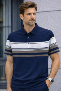Men Classic Stripe Polo Shirt - Comfortable Plain Pattern Tee with Short Sleeves