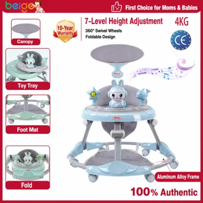 Beige Baby Walker Boy&Girls Foldable Anti-O-Leg Anti-Tip Adjustable Height Multifunctional Learning Cart With Music Light Handle Toy Walking Trainer