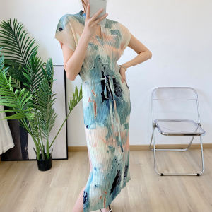 [NOVA quality] Miyake pleated niche high-end pop print western-style long skirt new summer fashion design sense age-reducing lace-up dress