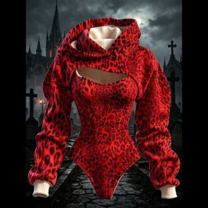 2026 New Women Hooded Red Leopard Print Long Sleeve Two Piece Bodysuit Cutouts Party Wear Autumn Winter Fashion Womens Clothes2026