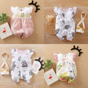 ชุดเสื้อผ้าเด็กผู้หญิงทารกรอมเปอร์แขนยาวพิมพ์ลายยีราฟแขนกุดผ้าฝ้าย 100% ชุดจั๊มสูทพิมพ์ลายช้างน่ารักเปิดไหล่จับจีบสำหรับ 0-18months เด็กผู้หญิง