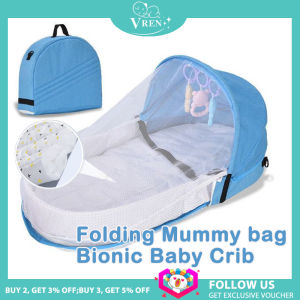 VREN กระเป๋าผ้าอ้อมเด็กแบบพกพาสำหรับคุณแม่เตียงไบโอนิคแบบพับได้ใช้กลางแจ้งเตียงนอนเพื่อความปลอดภัยของเด็กทารกเตียงแยกชิ้นส่วนได้ใช้งานได้หลากหลายเปลสำหรับเดินทางพับได้