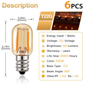 Genixgreen 6 Packs E14 E12 220V LED Filament Candelabra Glass Bulbs 1W T22 Warm White 2200K Bulb Dimmable House Decoration LED Bulb for Chandelier Replace