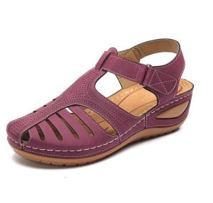 [Free Shipping] New large-size womens sandals with closed toe hollow design one-strap wedge heel Roman style sandals for women