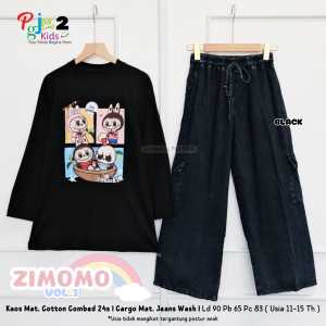 COD Setelan Atasan Kaos Combed Dan Celana Panjang Cargo Jeans Anak Perempuan 11-15T Zimomoo Cargo