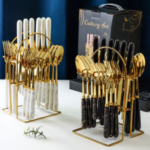 Sendok Set 24 Pcs Marble Rak Mewah Gold Elegant / Peralatan Dapur Set Sendok Marble Premium