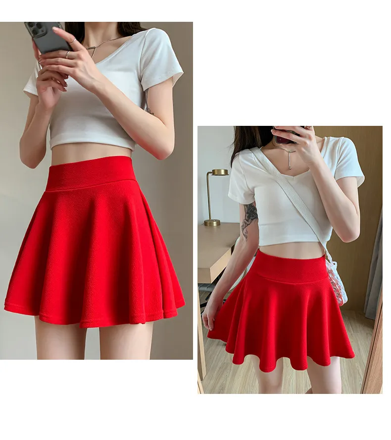 Women Shorts Skirts Dress Solid Casual Drawstring Mini High Waist A-line Fashion  High-Waist Summer Korean Style for Sports Rose Red L 