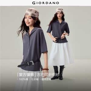 Giordano Women 100% cotton lapel collar 3/4 sleeve polo shirt Free Shipping 05316781