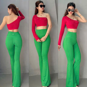 Bộ Đồ Tập Thể Thao Nữ Áo Lệch Vai Tay Dài Quần Dài Ống Loe Tập Gym Tập Yoga Thun Lạnh 4 chiều Cao Cấp