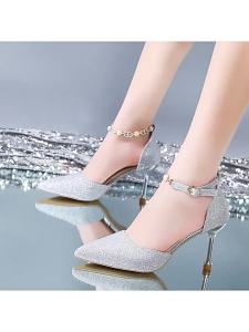 [Free Shipping] Womens High Heels 2025 Summer New Style Pointed Toe Shallow Mouth Thin Heel with Rhinestones Silver Bridal Wedding Sandals