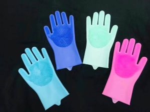 【Hania】1 Pair (2pcs)Multifunctional  Magic Silicone Scrubber Rubber Cleaning Gloves Dishwashing Gloves Scrubbing Gloves pet cleaning gloves