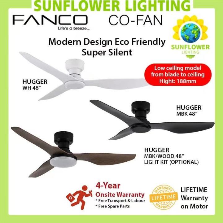 FANCO COFAN HUGGER 48" DC CEILING FAN WITH REMOTE & OPTIONAL LIGHT (Lower Ceiling Height