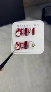 【HANDMADE+Free Glue】Medium Square Press on Nails Cherry red hand-painted plaid Merry Christmas crushed diamond ice flower Snowman Santa Claus Artificial Nail Phototherapy Fake Nail Patch Nails Reusable