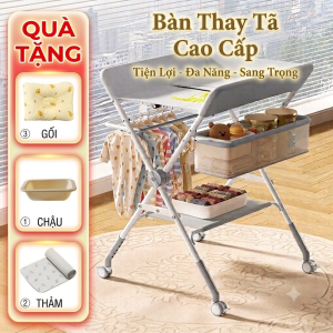 Bàn thay tã và massage cho bé M03 nâng hạ 5 mức tặng gối định hình chậu rửa thảm lót có bánh xe khung thép chịu lực vải Oxford kháng khuẩn có thể giặt