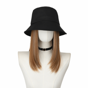 BLACKON Synthetic Black Fisherman Hat Wig Bucket Hat Hairpiece Hat and Wig All-In-One Fashion Natural Short Straight Hair Hat Wigs for Women