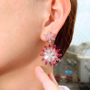 SEQUITO Korean Fashion Style Jewelry Pave Setting Leaves Pink White Cubic Zircon Crystal Sparkly Snow Flower Drop Earrings for Women Girl Birthday Party SE539