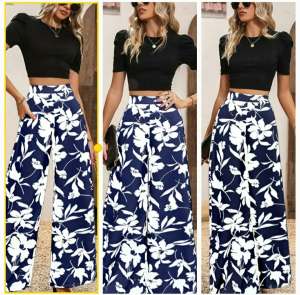 Elegant Floral Print High-Waist Wide-Leg Full-Length Pants for Women EE