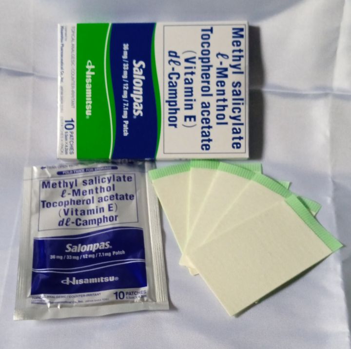 Methyl salicylate e-menthol tocopherol acetate [vitamin e} de camphor{salonpas}10patches per pack for pain relief patch