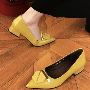 Free Shipping Chunky Heel Commuter Flats 2026 Spring And Autumn New High Heels WomenS Shallow Versatile Leather Shoes Pointed Toe Soft Sole Work Shoes